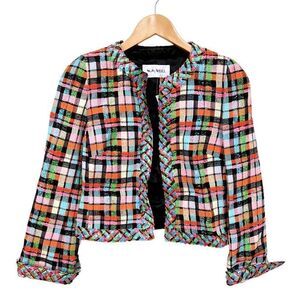 NWT Weill Paris Tweed Blazer Jacket Rainbow Black Plaid Colorful size 8